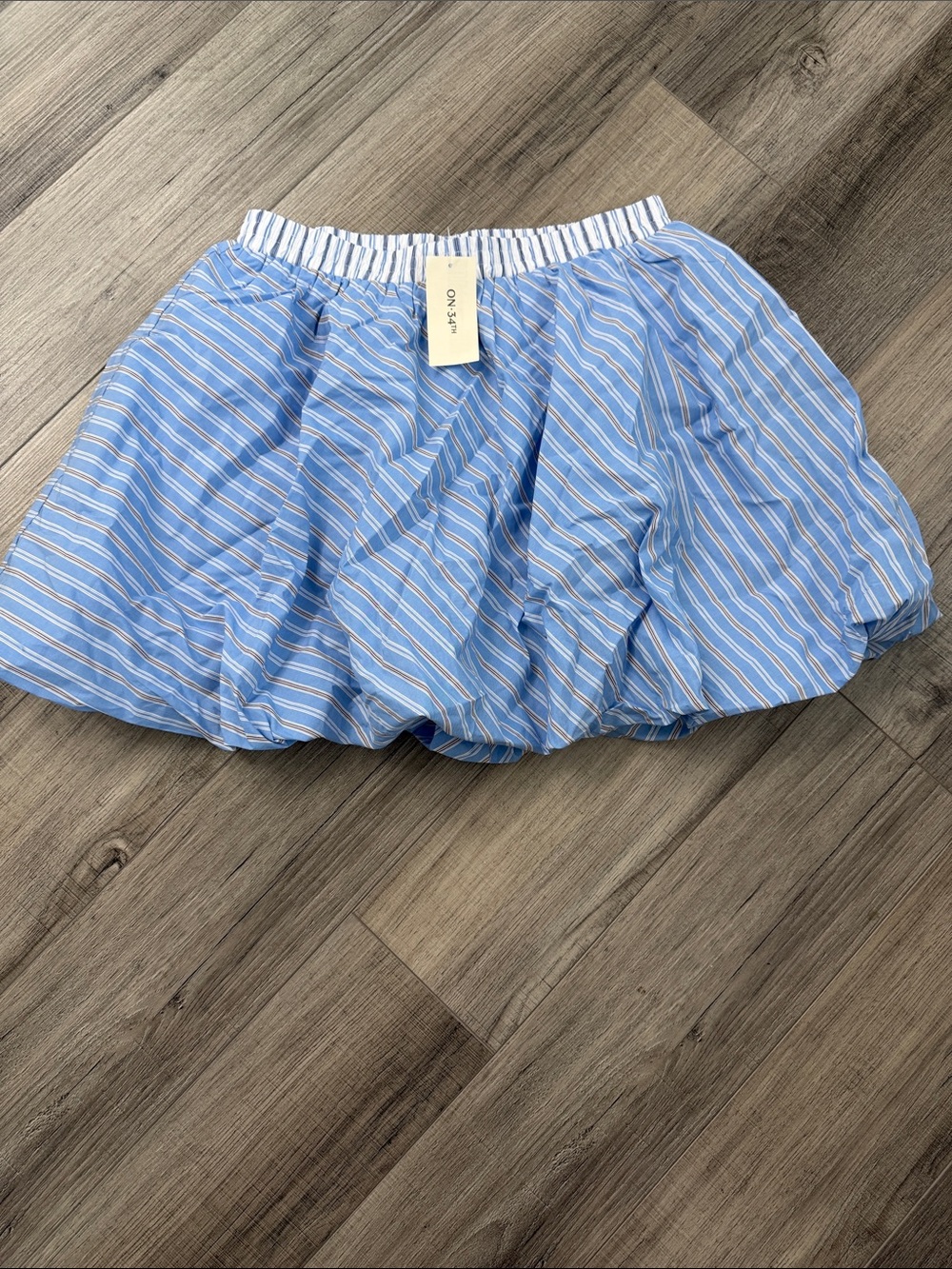 Striped Light Blue Bubble Skirt with Elastic Waist